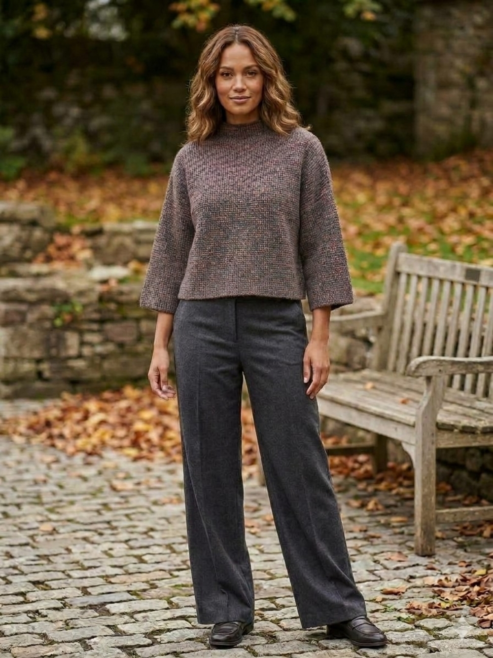 KERISMA Cropped Knit Sweater Size M/L Brown Melange Mock Neck 3/4 Sleeve